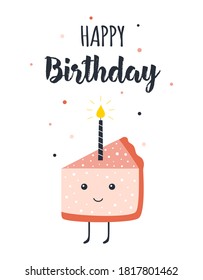 kawaii cute cake character vector illustration for birthday party, happy adorable cake with funny face, candle and lettering, print can use for festive card