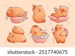 Kawaii cute capybaras set. Funny animals with bath, tea, flowers, butterfly.