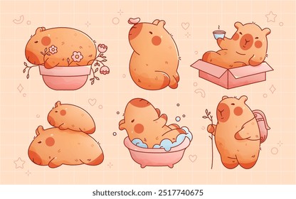 Kawaii cute capybaras set. Funny animals with bath, tea, flowers, butterfly.