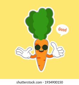 Kawaii and Cute carrot emoji character isolated on color background. Kawaii style fresh funny orange carrot and speach bubble slogan. Flat design cartoon food emoticon. Sweet stylish character sticker