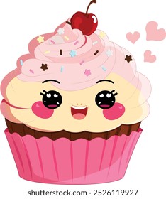 Kawaii Cute Cartoon Cupcake with Frosting, Sprinkles and Cherry on Top. Adorable Mascot  