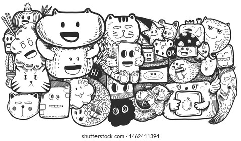 Kawaii cute cartoon doodle hand drawn line art
