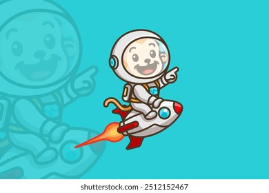 Una ilustración de dibujos animados kawaii y lindo de un encantador mono astronauta volando por el espacio en un cohete