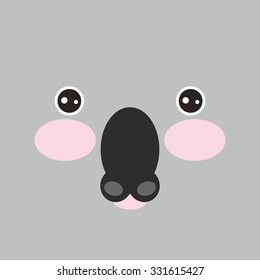Kawaii cute cartoon koal muzzle with pink cheeks on gray background. Vector