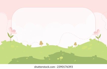 Kawaii Cute Cartoon Landscape Background with grass, flowers and sky with framework