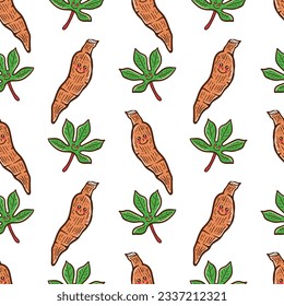 kawaii cute cassava cartoon character seamless pattern