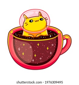 Kawaii cute cat astronaut, funny orange kitten in a pink cup of space coffee. Cartoon chibi art style. Design for stickers, shirts, greeting cards, posters. Isolated on white background.