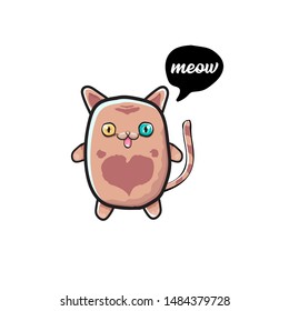 kawaii cute cat isolated on white background. Cartoon happy kitten with big eyes