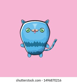 kawaii cute cat isolated on pink background. Cartoon happy blue baby kitten with big eyes