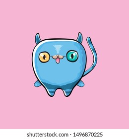 kawaii cute cat isolated on pink background. Cartoon happy blue baby kitten with big eyes