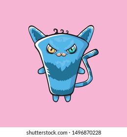 kawaii cute cat isolated on pink background. Cartoon happy blue baby kitten with big eyes