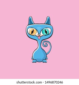 kawaii cute cat isolated on pink background. Cartoon happy blue baby kitten with big eyes