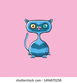 kawaii cute cat isolated on pink background. Cartoon happy blue baby kitten with big eyes
