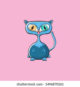 kawaii cute cat isolated on pink background. Cartoon happy blue baby kitten with big eyes