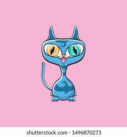 kawaii cute cat isolated on pink background. Cartoon happy blue baby kitten with big eyes