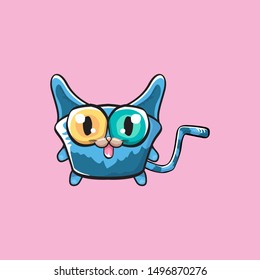 kawaii cute cat isolated on pink background. Cartoon happy blue baby kitten with big eyes
