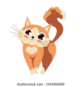 kawaii cute cat. lovely cat with heart on fluffy fur and big funny eyes. vector illustration