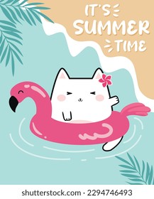 Kawaii cute cat on a flamingo float.   Cartoon doodle background with text - It's Summer Time. Perfect for greeting card design, t-shirt print, inspiration poster and more. Vector illustration