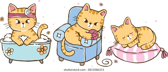 Kawaii Cute Cat Taking a Bubble Bath,Cat Playing Yarn on Sofa,Cat Sleeping on Pillow Cartoon Hand Drawn Illustration
