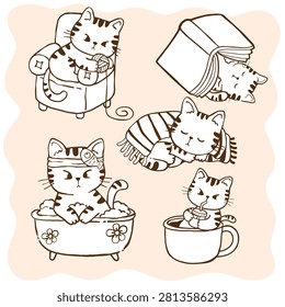 Kawaii Cute Cat Taking a Bubble Bath,Cat Playing Yarn on Sofa,Cat Sleeping on Pillow Cartoon Hand Drawn Black and White Illustration