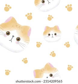 kawaii cute cat watercolor Seamless Pattern on white background Cartoon print Animals Illustration vector