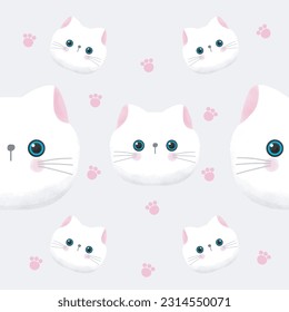 kawaii cute cat watercolor Seamless Pattern on white background Cartoon print Animals Illustration vector