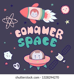 Kawaii cute cats astronauts flying in space, among the planets and the inscription lettering Conquer Space