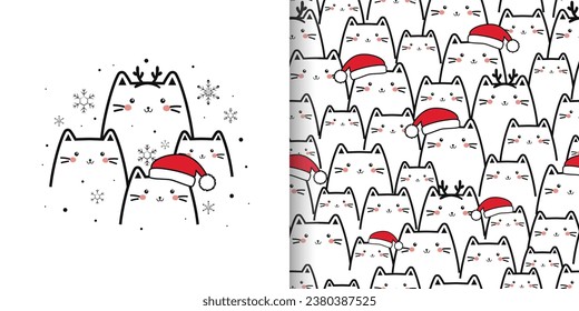 Kawaii Cute Katzen nahtlose Muster mit Kartensatz, Cartoon Tiere für Weihnachten und Winter Hintergrund. Schwarz-Weiß-Doodle-Stil. Vektorgrafik
