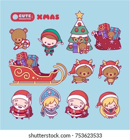 kawaii, cute, chibi cartoons.  New Year set with characters, Santa Claus, Snow Maiden, deer, elf, spruce, gifts