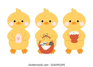 Kawaii cute chickens, ducklings. Happy Easter. Charming clipart for postcards, prints, banners, templates, social media and web.