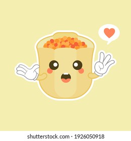 kawaii y lindos personajes vectores de volcado chino. Platos asiáticos con cara sonriente. La tradición de la cocina oriental. Desplome con carne, verduras. Emoji gracioso, emoticono. Ilustración de color de dibujos animados aislados