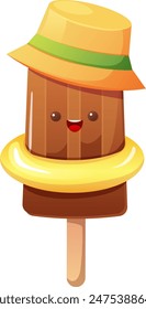 Kawaii cute chocolate ice cream in summer panama and with inflatable circle. Summer vibe, hello summer. Vector illustration