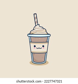 kawaii cute chocolate milkshake in takeaway cup with whip cream topping illustration. cute frappe coffee in plastic cup illustration mascot cartoon character