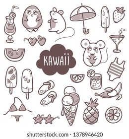 Kawaii cute collection of super cute animals penguin, mouse and summer sweet fruits, coctals and ice-cream and summer elements. Vector outline llustration