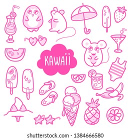 Kawaii cute collection of super cute animals penguin, mouse and summer sweet fruits, coctals and ice-cream and summer elements. Vector outline llustration