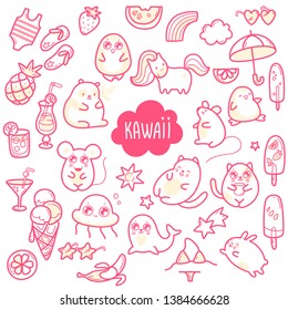 Kawaii cute collection of super cute animals jellyfish, panda, bear, pony, penguin, fur seal, seal, cat, kitten, rabbit, hare, mouse and summer sweets and elements Vector outline llustration
