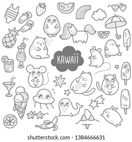Kawaii cute collection of super cute animals jellyfish, panda, bear, pony, penguin, fur seal, seal, cat, kitten, rabbit, hare, mouse and summer sweets and elements Vector outline llustration