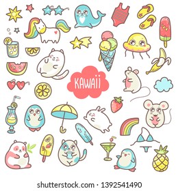 Kawaii cute collection of super cute animals jellyfish, panda, bear, pony, penguin, fur seal, seal, cat, kitten, rabbit, hare mouse and summer sweets and elements