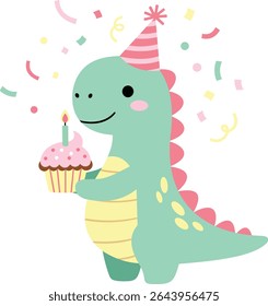 Kawaii Cute Dinosaur Birthday Character with Cupcake, Party Hat, and Confetti – Vector Illustration