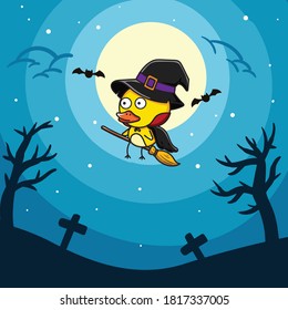 kawaii cute duck witch in halloween night 