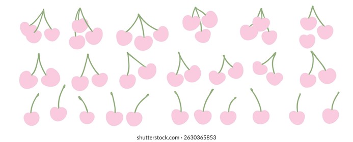 Kawaii cute duel colored pink cherries with stems in single, duo, and triple groupings. 24 different vector illustration variations ready to use for commercial and advertisement purposes. EPS 10.