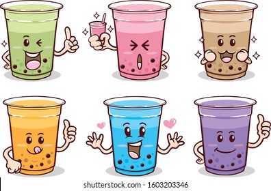 kawaii cute emoji sticker set of character cartoon bubble milk tea