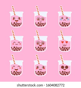 kawaii cute emoji sticker set of character cartoon bubble milk tea