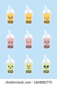 kawaii cute emoji sticker set of character cartoon bubble milk tea