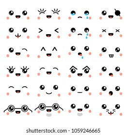 Kawaii or cute emoticon, emoji and face icons set. Vector.