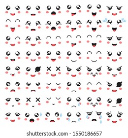 Kawaii or cute emoticon, emoji and face icons set. Vector.