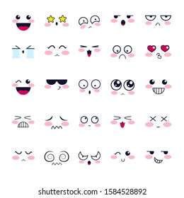 Kawaii cute emotions of different characters set vector illustration. Collection of pretty faces showing diverse types of mood of to send in message flat style concept