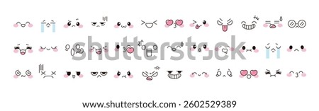 Kawaii cute face element vector set. Funny japanese emoticon in different expressions, big eyed, mouth, eyebrows. Cartoon character and face illustration. Design for decoration, sticker, icon, kids.