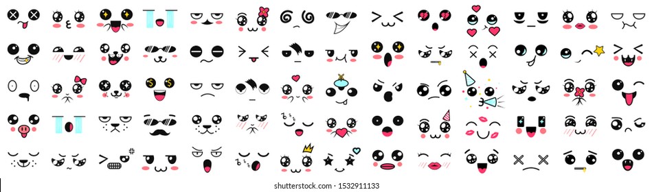 Kawaii cute faces, big set. Manga style eyes and mouths. Funny cartoon japanese emoticon in in different expressions. Expression anime character and emoticon face illustration. Background, Wallpaper.