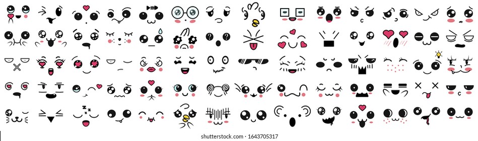 Kawaii cute faces, big set. Manga style eyes and mouths. Funny cartoon japanese emoticon in in different expressions.  